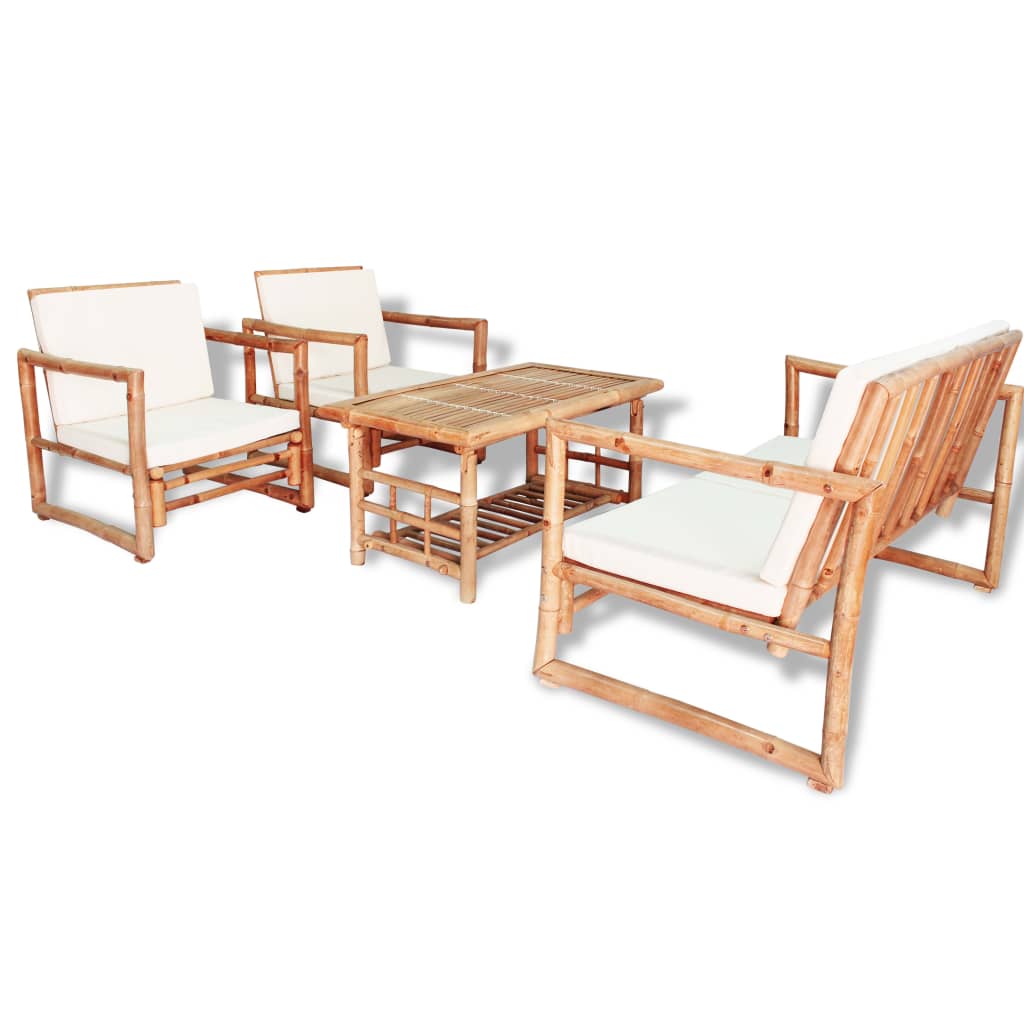 Luxe bamboe loungeset met kussens – complete tuinset met tafel en stoelen
