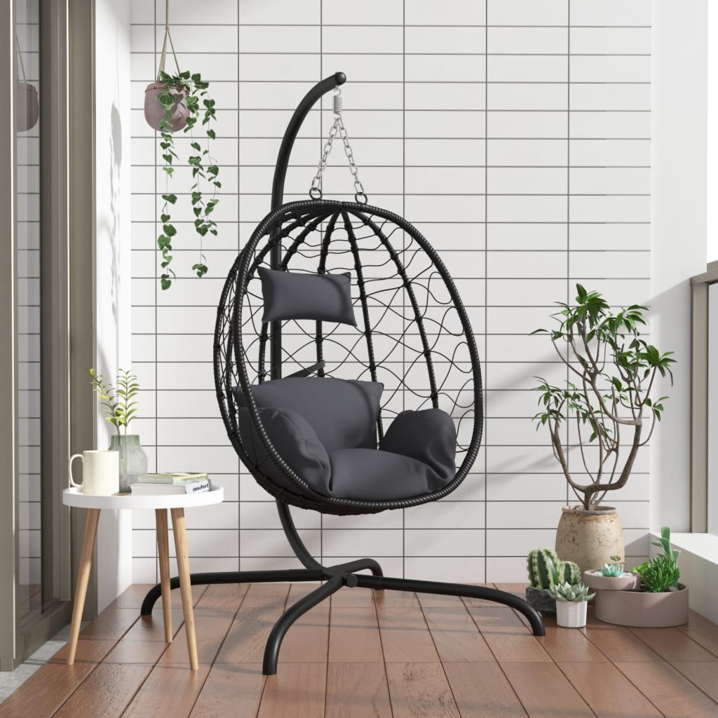 Luxe Hangstoel met Kussen in zwart poly rattan en staal - Premium tuinmeubel voor tuin en terras - NuviaSol"