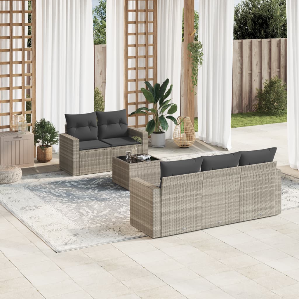 6-delige loungeset in lichtgrijs poly rattan op terras