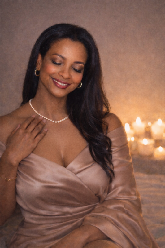 Rustige, warme portretfoto in champagnekleurige sfeer — vandaag kies ik rust (NuviaSol).”