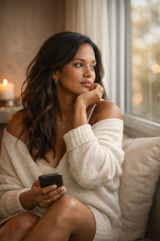 Zoek je verbinding, of zoek je bevestiging – vrouw met telefoon in een rustig, reflectief moment bij het raam.