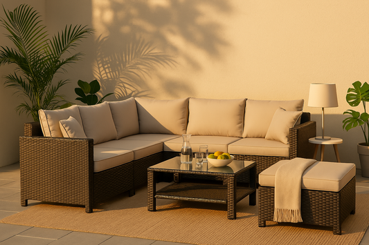 Luxe 6-delige loungeset met kussens op een zonnig terras, omringd door planten en sfeerdecoratie