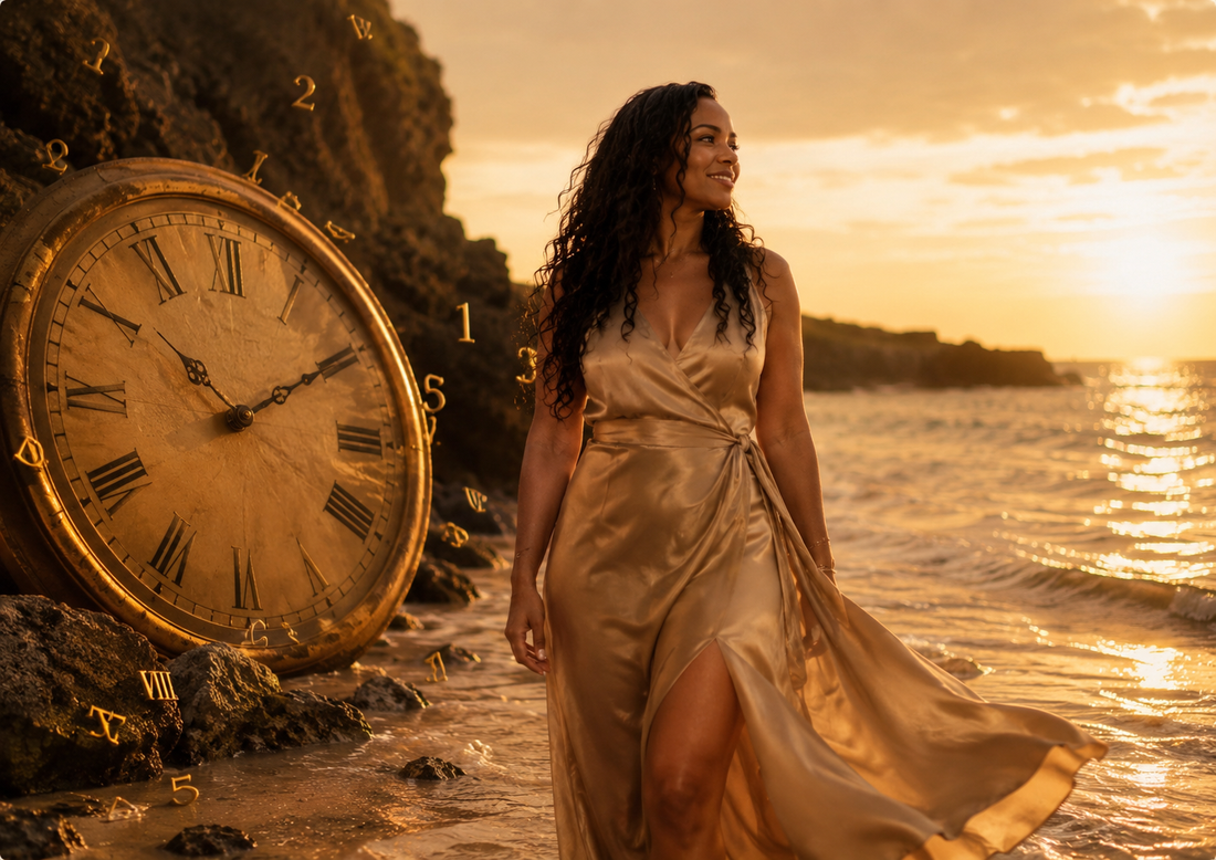 Elegante vrouw in warme gouden sfeer met een rustige uitstraling en een quote over tijd, vertrouwen en persoonlijke groei.