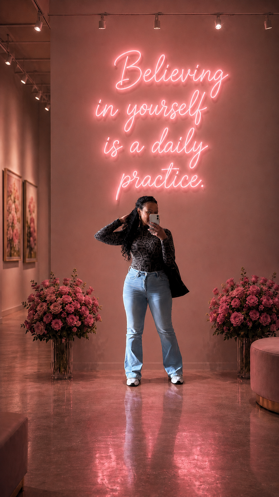 Surensca staat in een warme roze galerie onder de tekst ‘Believing in yourself is a daily practice.’
